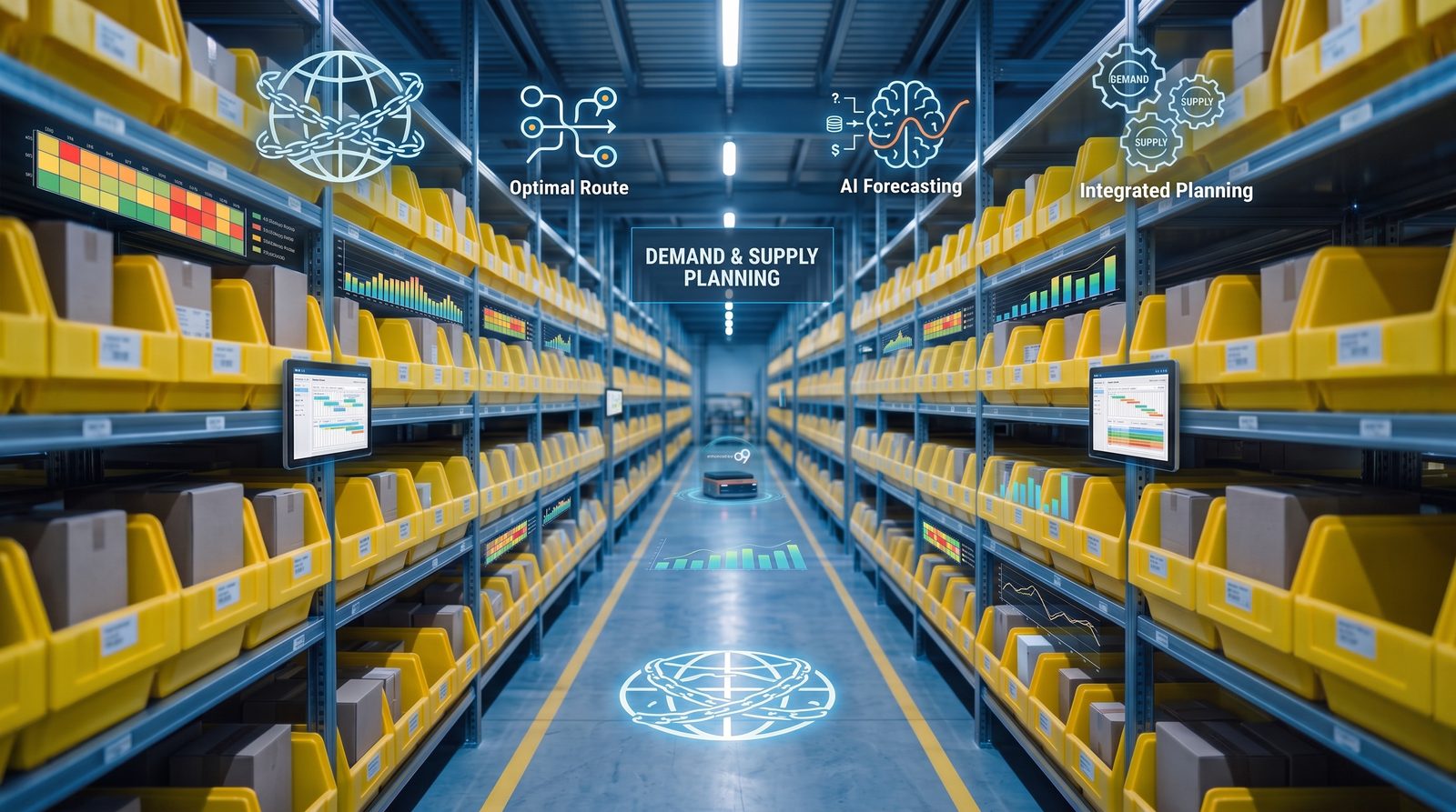 Warehouse aisle with AI-enhanced demand and supply planning overlays