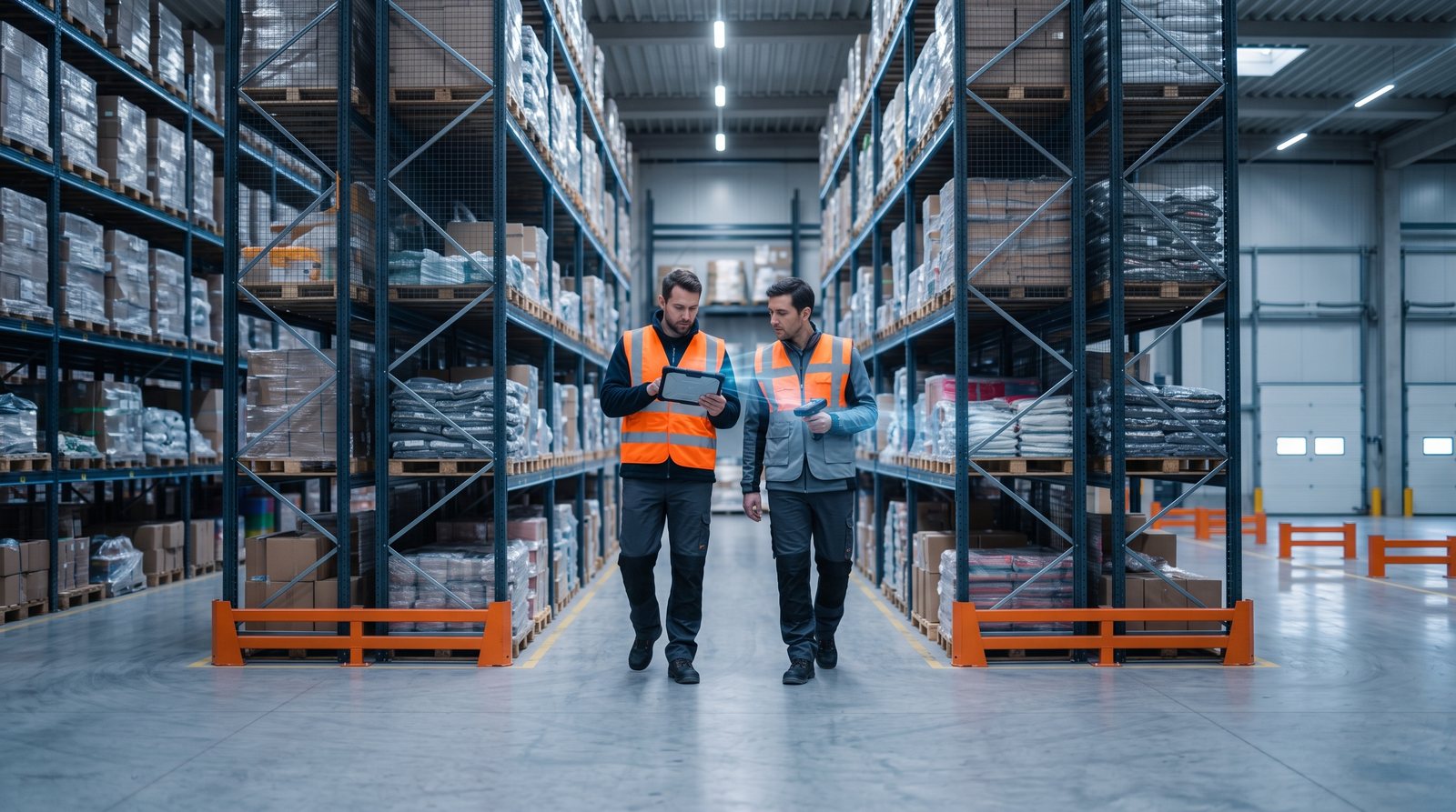 Two warehouse workers reviewing inventory data on a tablet among storage racks