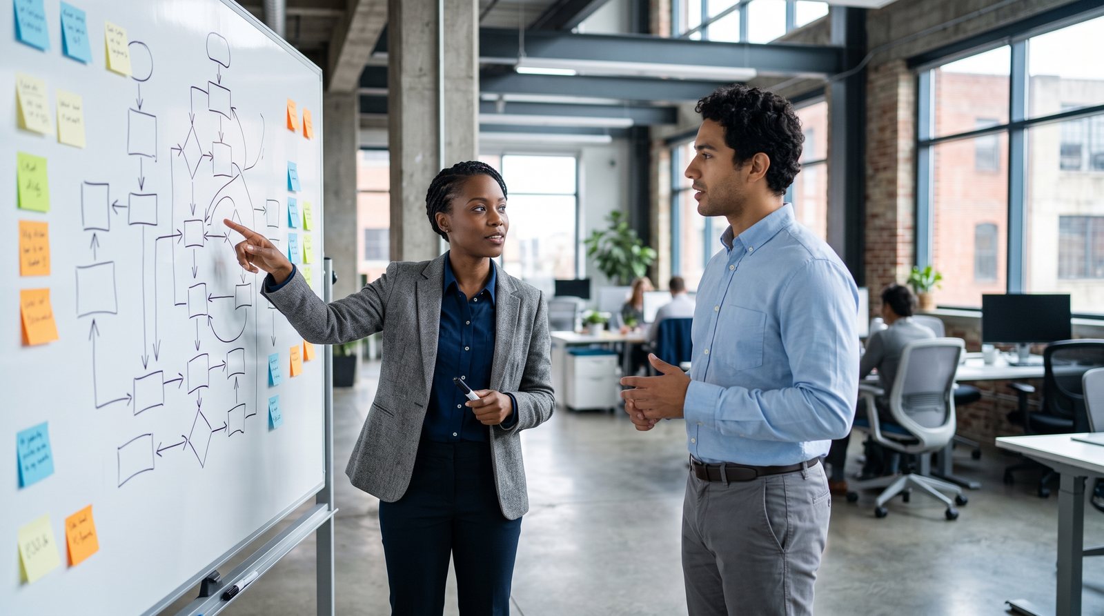 Two colleagues aligning on a planning framework at a whiteboard