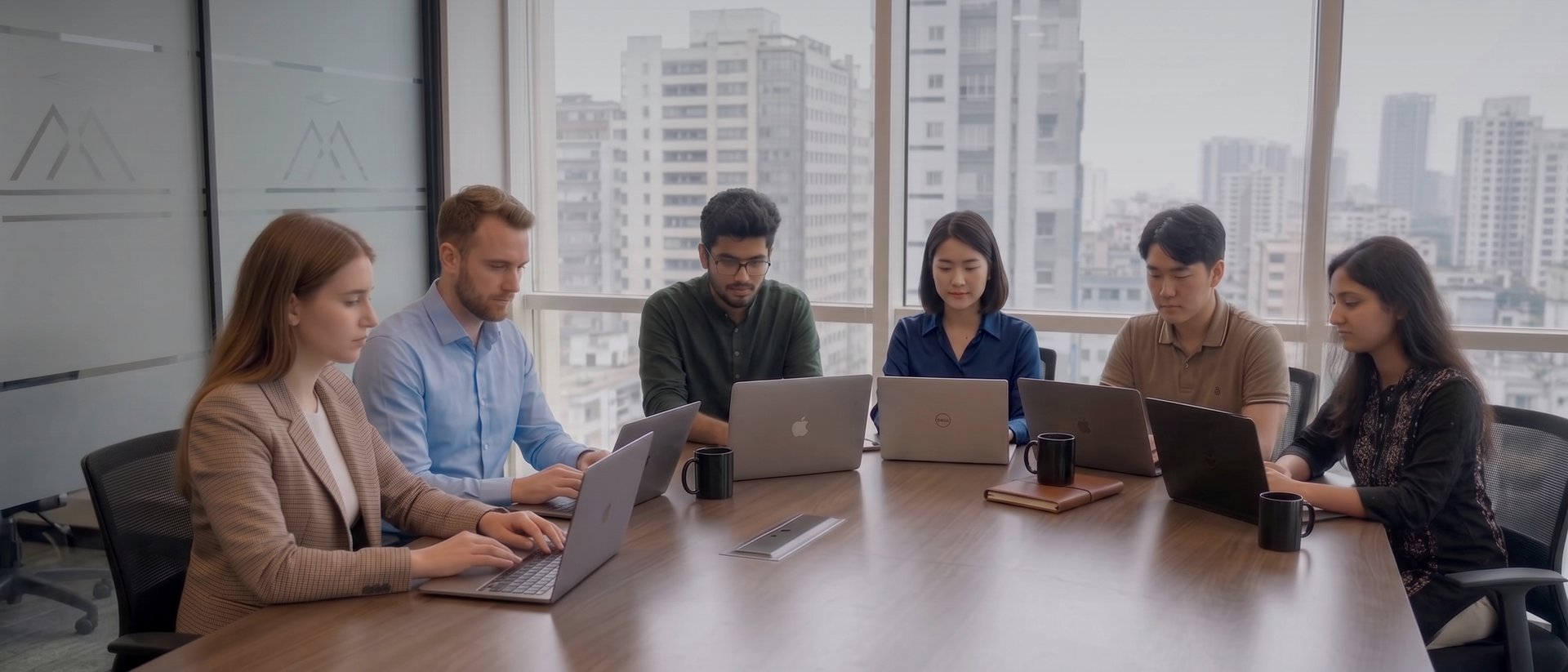 Team collaborating around laptops during a project meeting
